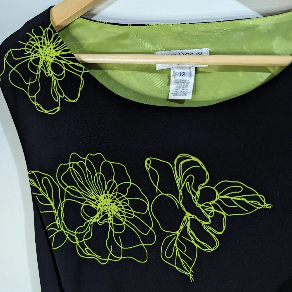 Miss Dorby black fit & flare dress bright green floral print sleeveless Size 12
